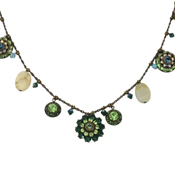 Vintage Liz Palacios Necklace Beads Gemstones Crytals Antique Brass Chain Green - Picture 2 of 9